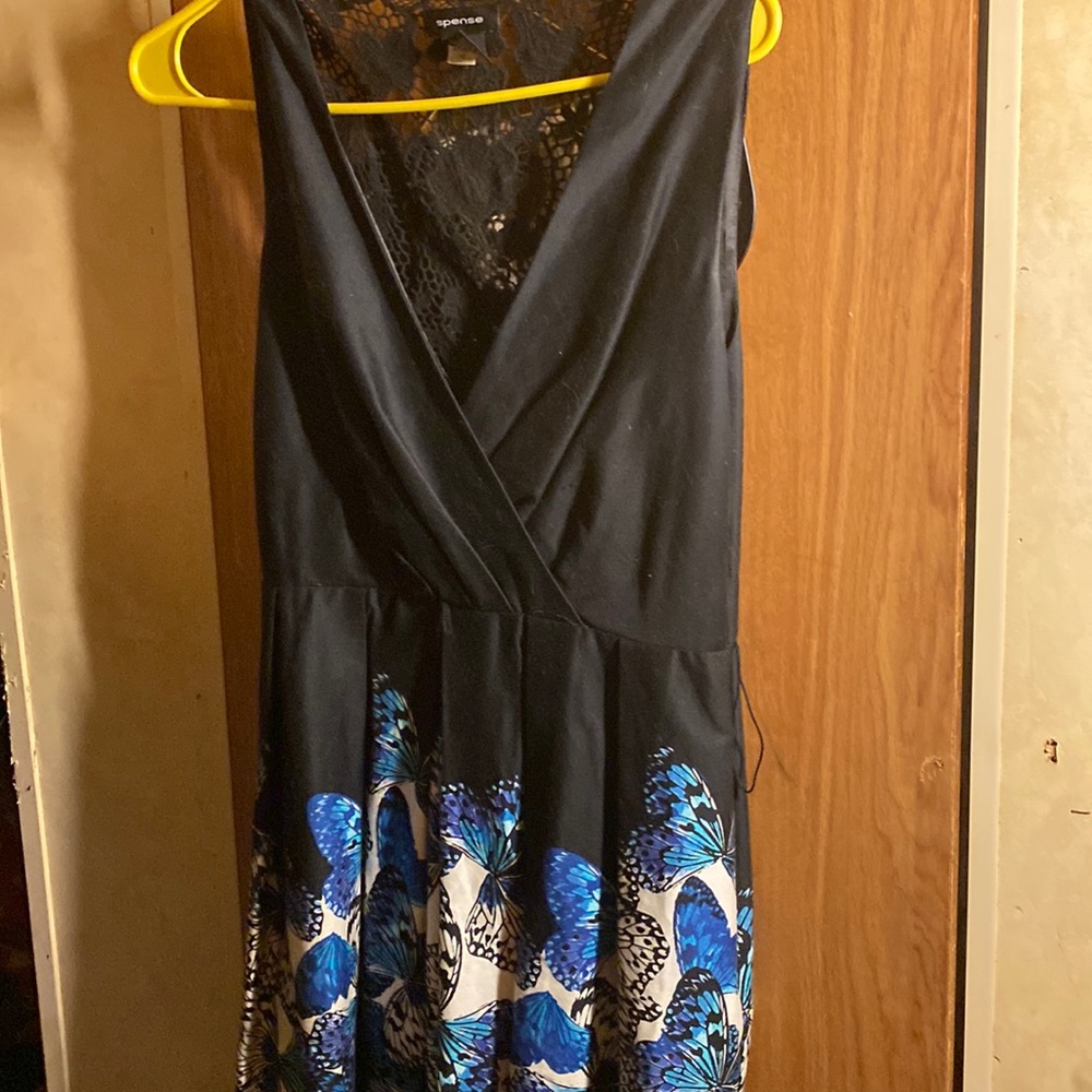 Black dress w/ blue butterflies size 8 side pockets lace back V neck sleeveless
